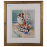 Mid-20th century nursery study of a Collie and kitten, watercolour, unsigned, 29cm x 24cm, framed