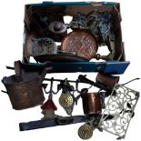 Victorian copper hot water can, horse harness bells, trivet, etc