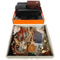 A tray of mixed costume necklaces and jewellery, and a quantity of empty jewellery boxes