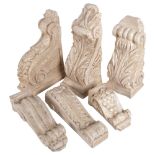 6 carved and painted, distressed, wall sconces or display stands, largest height 35cm