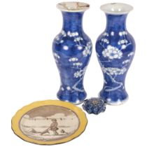 Royal Doulton plate with child playing on a beach, a paperweight, and a pair of Chinese vases with 4