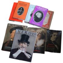 A collection of opera hardback reference books, including Wagner Verdi, The Letters of Mozart,