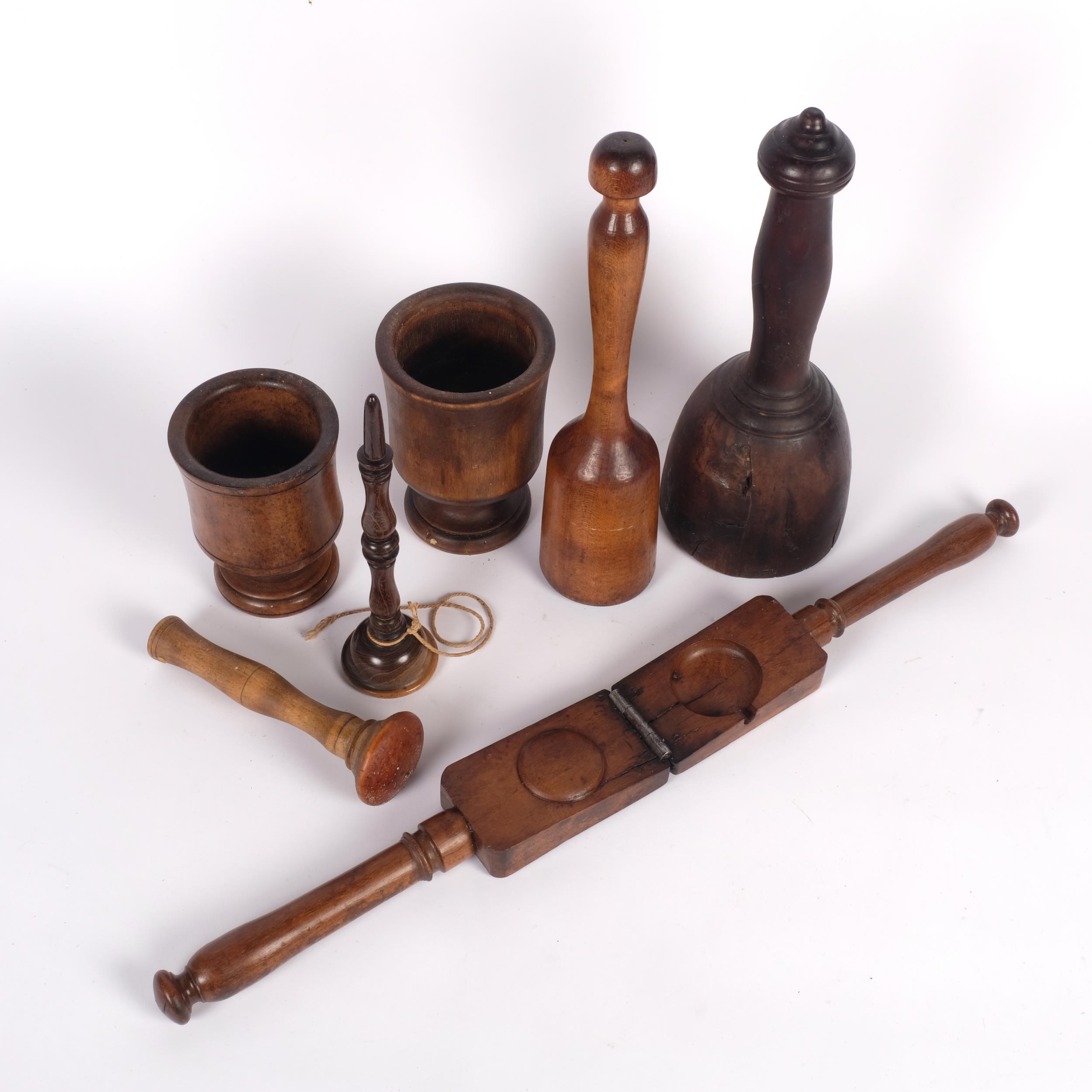 A group of Antique treen items, to include 2 pestles/masher, and 2 mortars, a ball and cup stick (no - Bild 2 aus 2