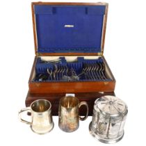 A quantity of mixed silver plated cutlery, mahogany and an oak cutlery box, Victorian engraved