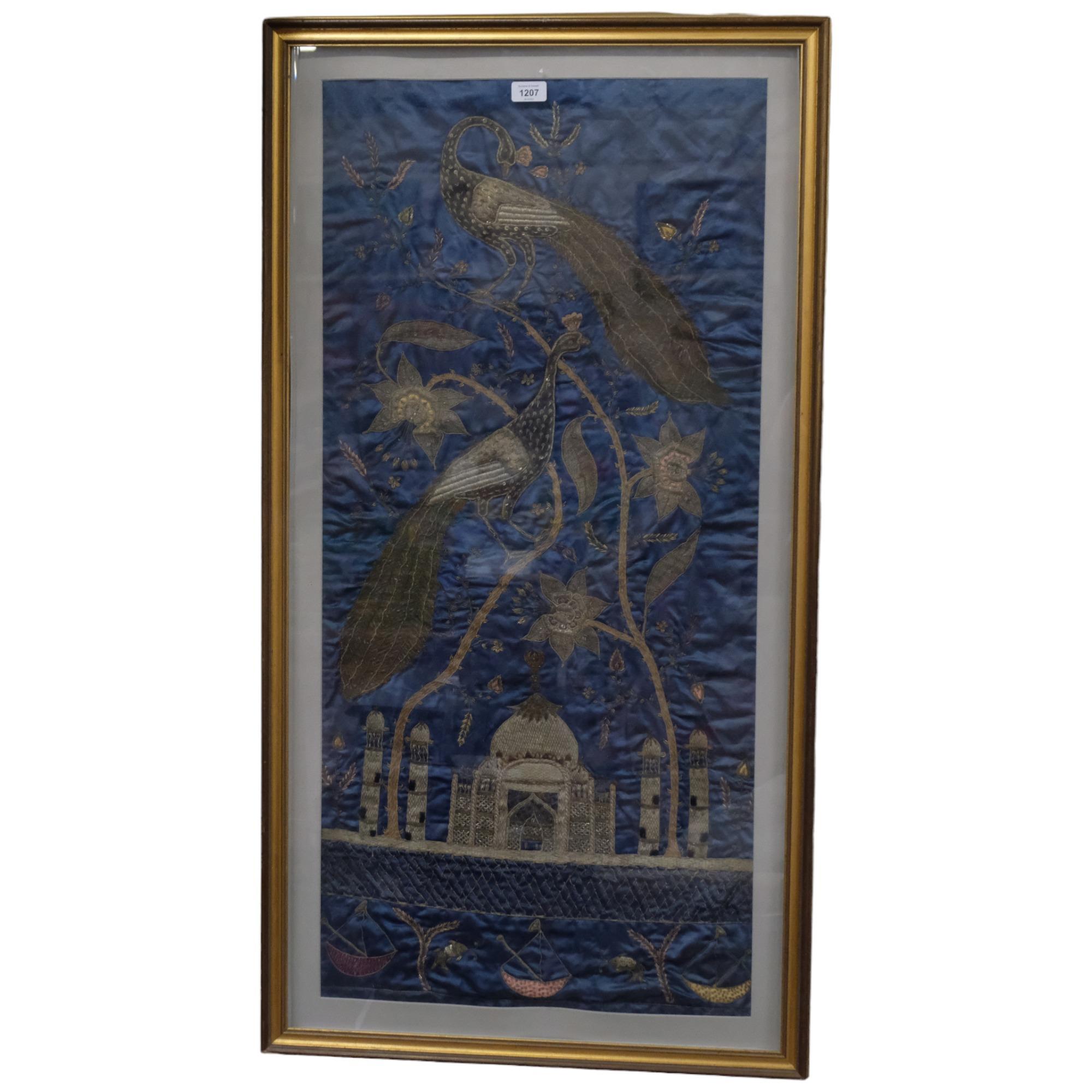 Late 19th century Indian silver braid embroidered picture, depicting peacocks and roses with