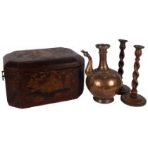 An Oriental lacquered box of octagonal form, L43cm, a pair of oak barley twist candlesticks, and a