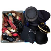 Various boots and shoes, mortar board, bowler hat etc