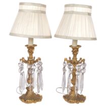 A pair of gilt brass table lamp, with glass lustres and pleated shades, overall height 47cm Both