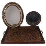 Antique carved oak 2-handled tea tray, with foliate design, an oval mirror, L50cm, and a Barbola