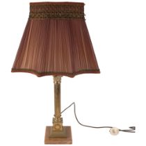 A brass Corinthian column table lamp on marble base, with shade, H71cm overall