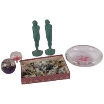 A pair of Frank Art? Art Deco painted metal figures, studies of nude ladies, H21cm, a tray of Wade