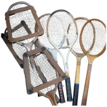 Various Vintage tennis rackets and presses, including Dunlop