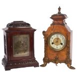 An early 20th century mahogany-cased mantel clock, French brass 8-day movement striking on a gong,