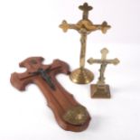 2 brass crucifixes, tallest 20cm, and a Lourdes INRI wooden crucifix, L30cm