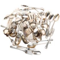 A quantity of mixed silver plated flatware, including bright-cut and King's pattern (boxful)