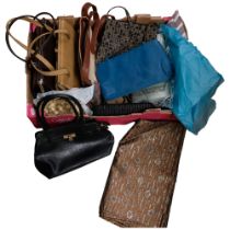 Leather and other Vintage handbags, silver wire decorated fabric etc