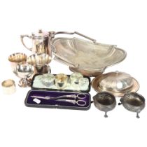 A collection of mixed plated and silver items, including a set of 3 silver napkin rings, and a 925