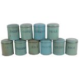 A set of 10 Vintage Tala kitchen storage tins with labels, H14.5cm