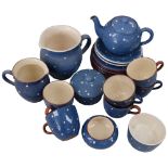 Vintage Dartmouth Pottery blue and white polka dot teaware, including a teapot and 2 milk jugs,