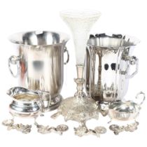 2 French Champagne/ice buckets, 1 by Jean Couzon, H22cm, an embossed silver plated table centre,