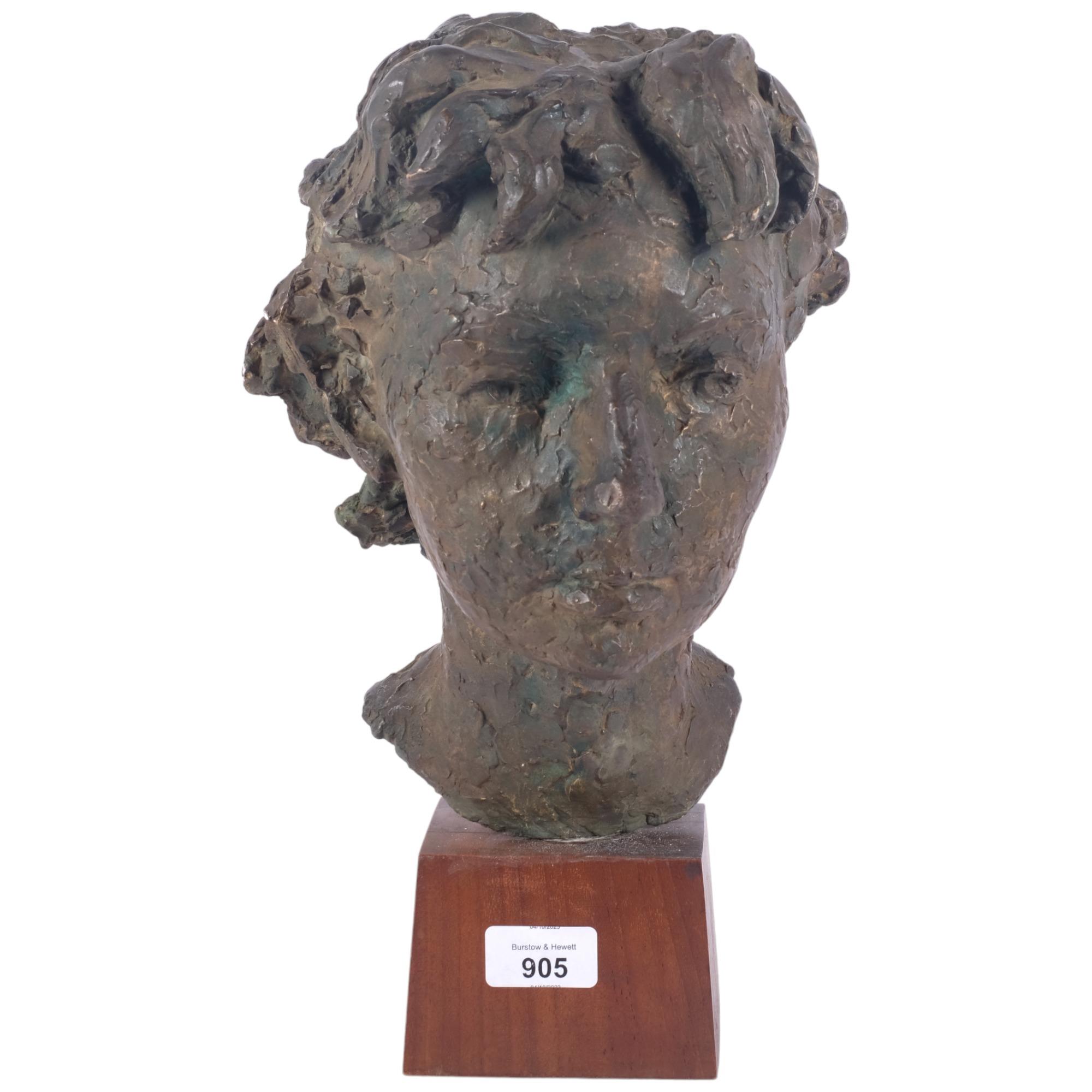 A bronze-effect female plaster bust, on wooden plinth, H34cm