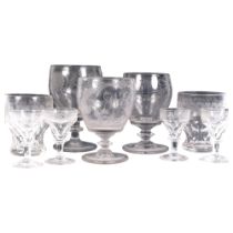 A group of Antique etched glassware, including various rummers, tumblers and Sherry glasses (9)