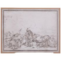 Pen and ink drawing of a 19th century battle, 33cm x 40cm, in mount