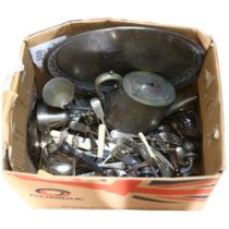 A quantity of mixed plated ware, cutlery, serving tray and teaware (boxful)