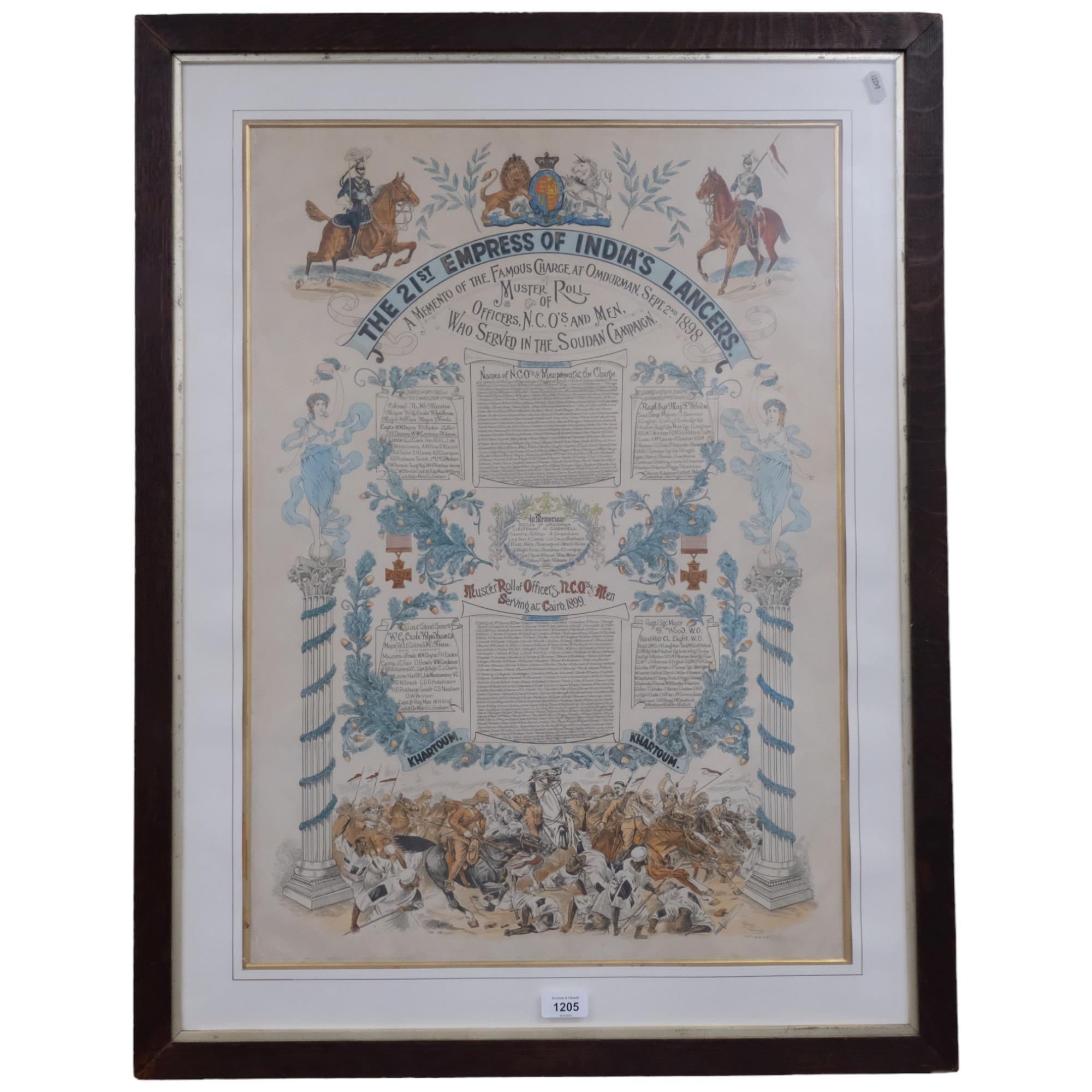 A framed In Memory scripted print for the 21st Empress of India's Lancers, dated 1898, including the