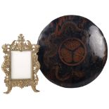 Oriental lacquered metal gong (no striker), 35cm, and an ornate cast-brass strut frame