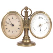 A brass-cased combination desk clock and aneroid barometer, on turned stand, H11cm, complete with