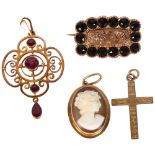 A group of gold jewellery, to include a 9ct gold and stone set brooch, with presentation script to