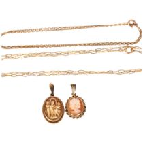 A group of jewellery, to include 2 x 9ct gold necklaces, and 2 relief carved cameo pendants, in