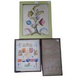 A Victorian framed sampler dated 1857, 41cm x 22cm, a framed embroidery of flags, and a