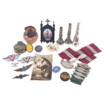 A group of various items, including a miniature Doulton jug, a silver nurse's badge, Pratt's