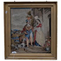 A Berlin cross-stitch woolwork picture of Medieval couple and dogs, painted frame, 56cm x 51cm