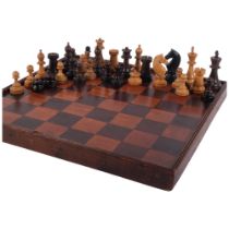 A Vintage turned wood chess set, King height 8cm, and games board