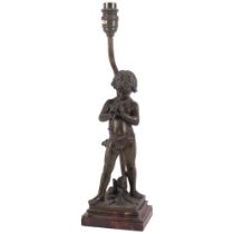 A bronze figure of a boy playing the flute, signed Jean Louis Gregoire, converted to a table lamp,