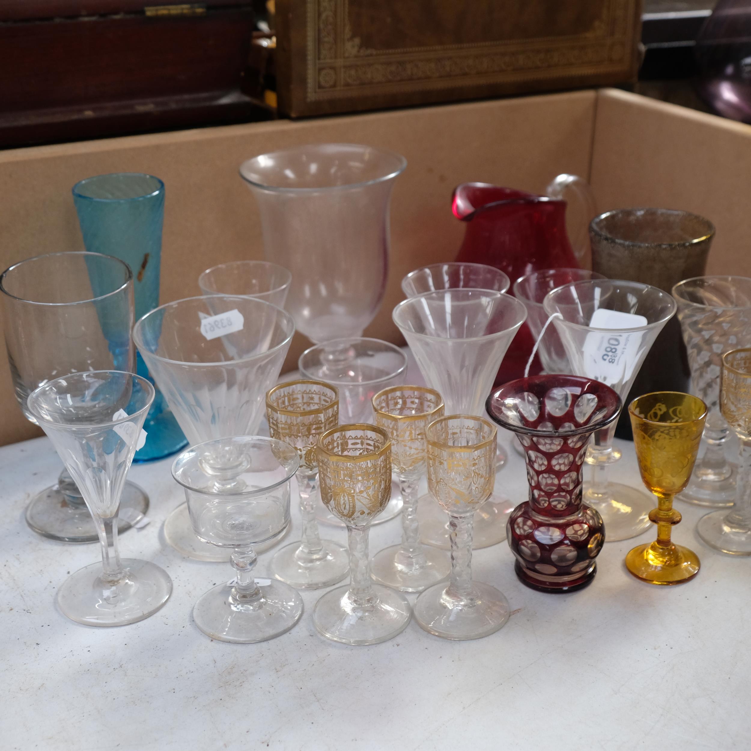 5 gilded panel cut liqueurs, ruby overlay vase, 10cm, a hand blown vase, and a Whitefriars ruby jug, - Image 2 of 2