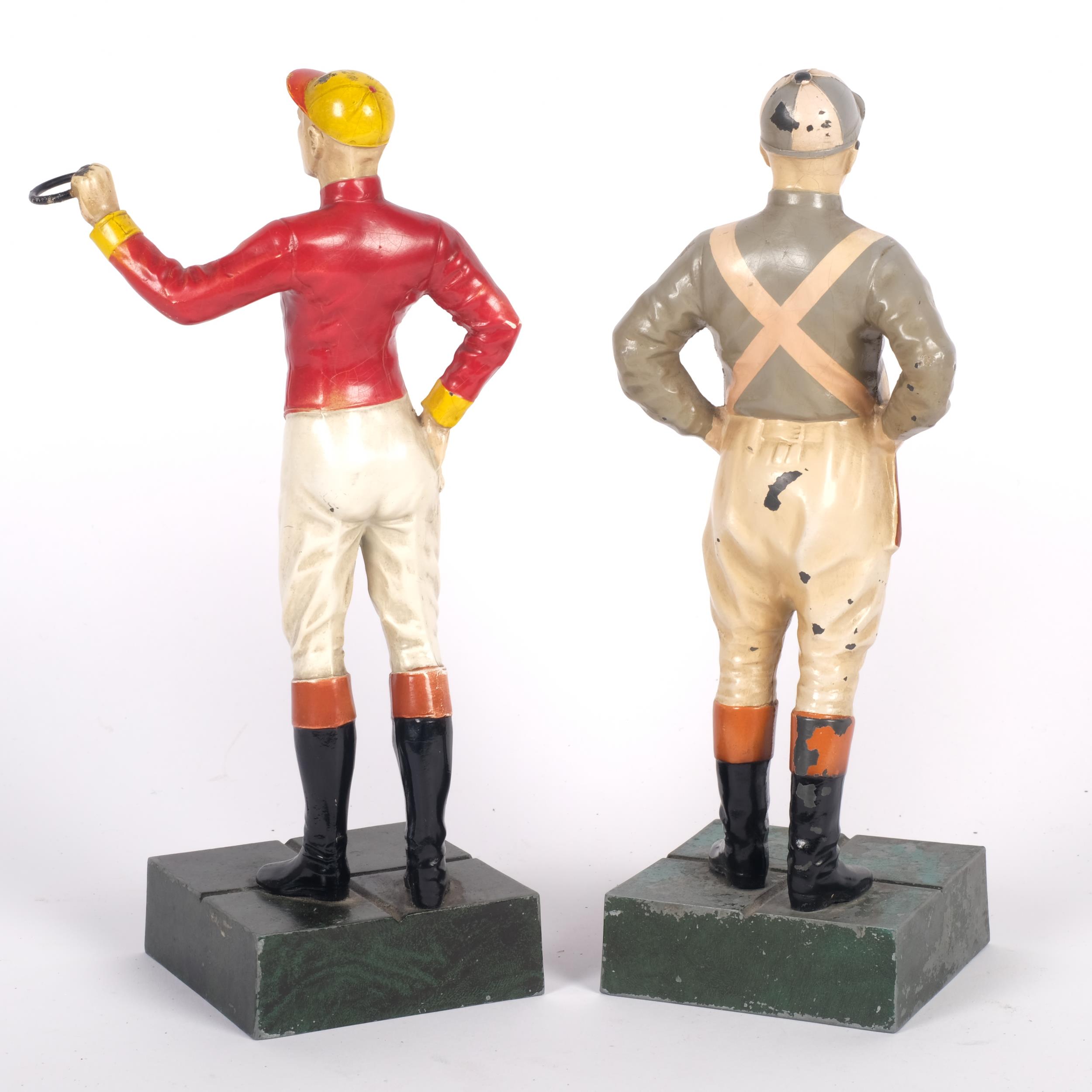 2 cold painted cast-metal figures, study of jockeys, on plinth bases, overall height 26cm - Image 2 of 2