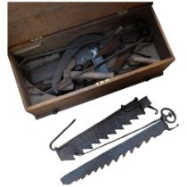 A spit roasting jack, various tools in a 2-handled oak box with drawer under