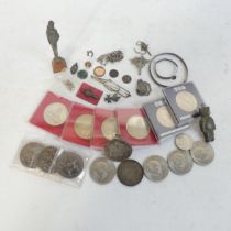 A collection of commemorative coins, 2 silver coins, various other silver and plated ware