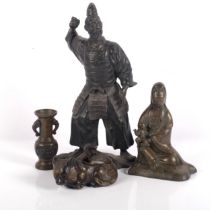 A Chinese bronze temple figure, study of Guyan and moving child, a small bronze 2-handled vase, a