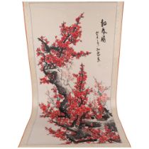 A Chinese watercolour scroll painting, depicting blossom trees with text inscription, panel 128cm