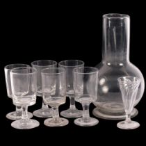 Hand-blown glass carafe and 6 matching glasses, and a Sherry glass