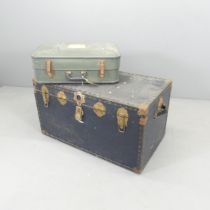 A brass bound trunk, 93x49x54cm. and faux leather suitcase with label for St. Michael's luggage. (2)