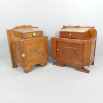 Two similar French Art Deco style oak pot cupboards, with marble top, single drawer and cupboard