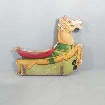 A vintage painted wooden carousel horse. 120x105x22cm. Used condition. Various areas of loss of