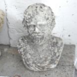 A weathered composite bust sculpture, study of Bacchus. 38x52x25cm.