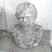 A weathered composite bust sculpture, study of Bacchus. 38x52x25cm.